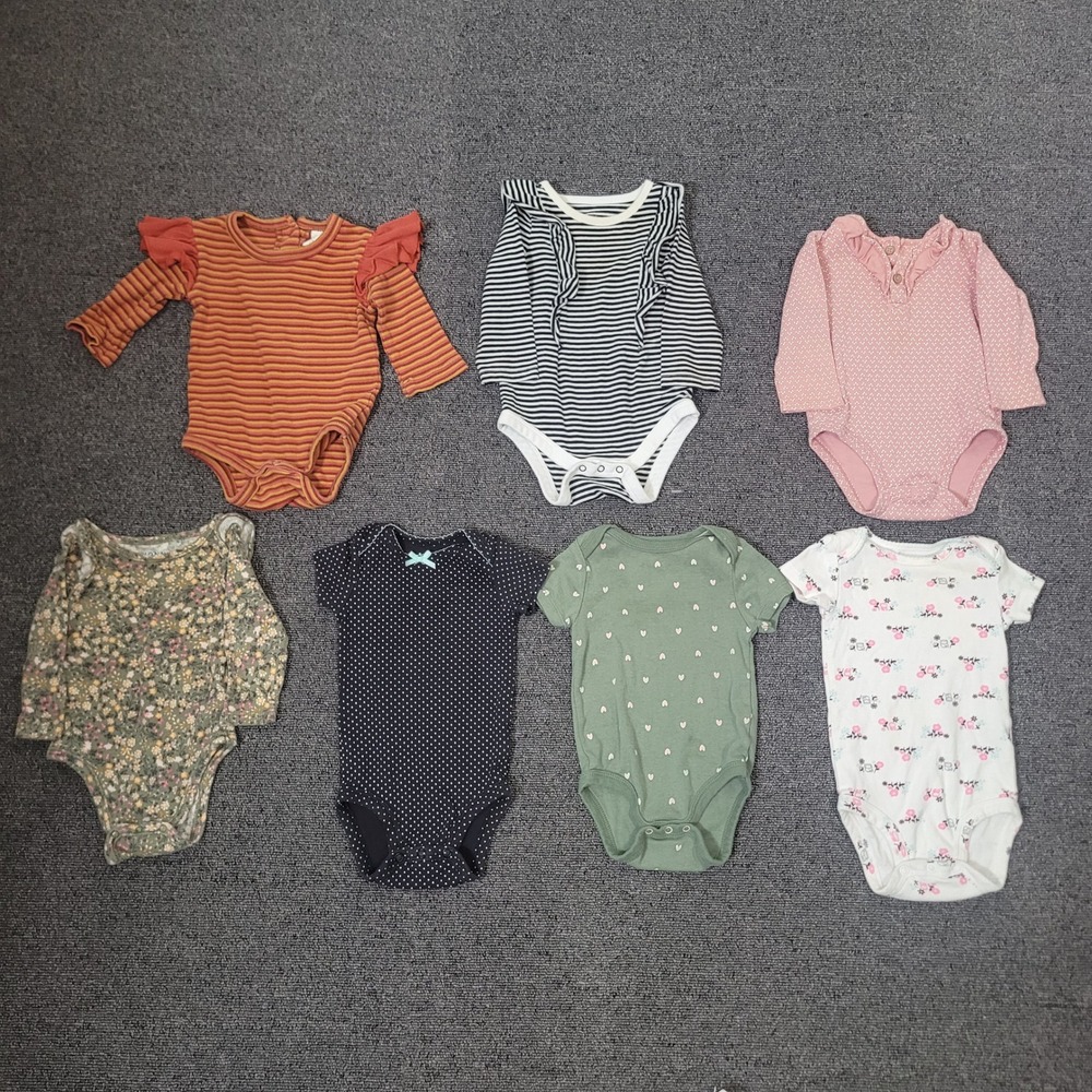 Mixed Brand Size 3-6 Months Bodysuit Lot of 7 Floral Striped Solid Baby Girl